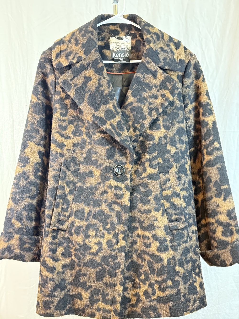 Kensie Leopard Print Wool-Blend Pea Coat in Brown and Black sz Medium